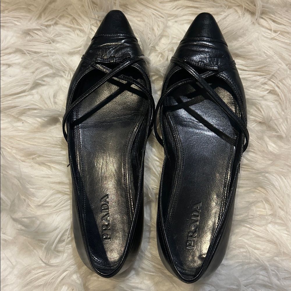 Prada Black Leather Criss-Cross Pointed Flats with Bow – Size 36.5 (Fits Like 7)